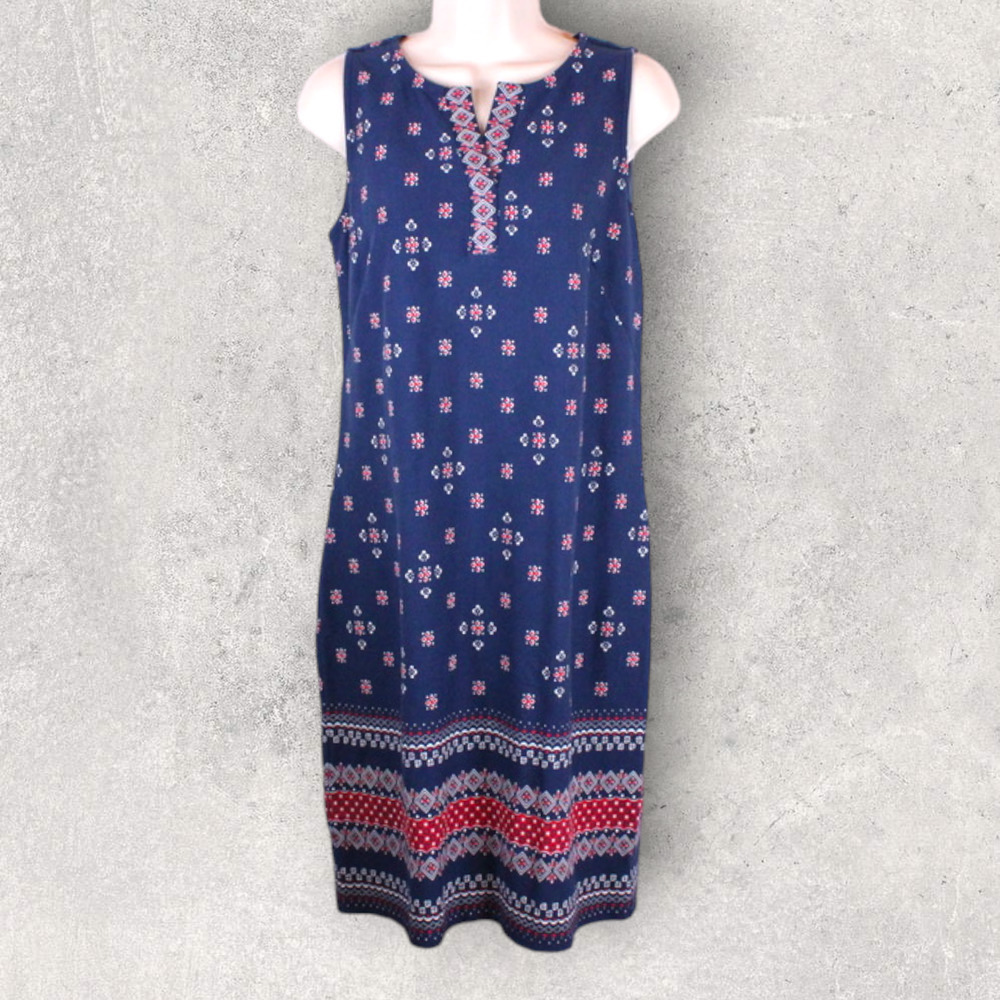 TALBOTS Shift Dress V-neck 100% Cotton in Navy Blue Women's Medium Petite